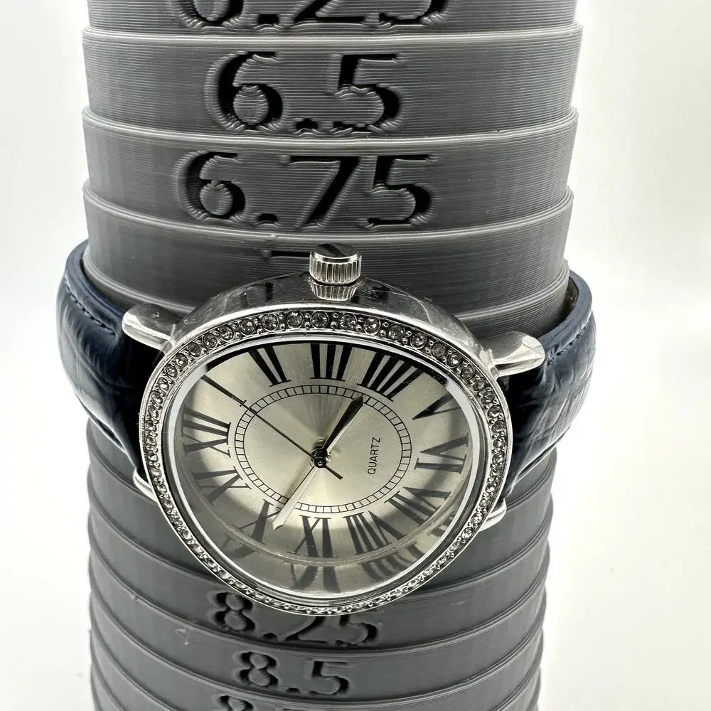 Chico's Quartz Watch Blue Leather Strap Rhinestone Bezel Roman Dial